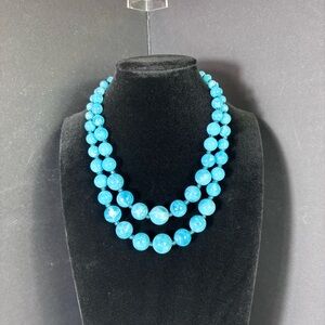 Vtg Blue Lucite Bead Double Strand Necklace Mod 80s Glam Mrs Roper Statement